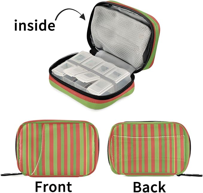 Green Red Stripe Travel Pill Case Bag with Compartments Twill Fabric Organizer with Plastic Inner Box for Medication Vitamins & Supplements