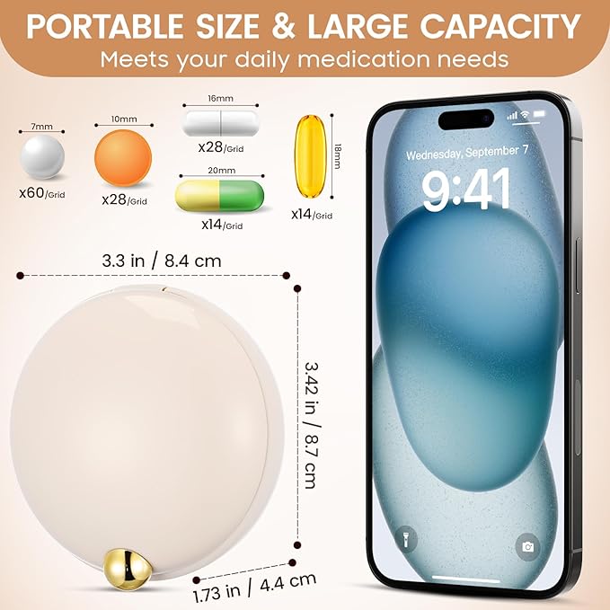 iplusmile Travel Pill Organizer for Purse, Aesthetic Daily Pill Case with 4 Compartments, Moisture Proof Portable Medicine Box for Large Vitamins, Fish Oil & Supplements (Beige)