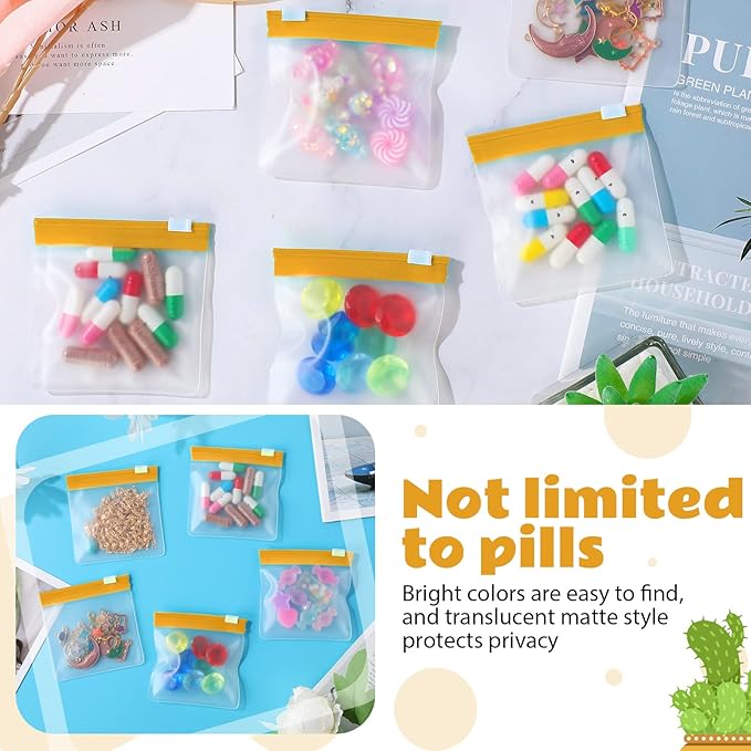24 Pieces Pill Pouch Bags Zippered Set Reusable Translucent Medicine Organizer Sealing Travel Plastic Bags with Slide Lock for Storage(Yellow)