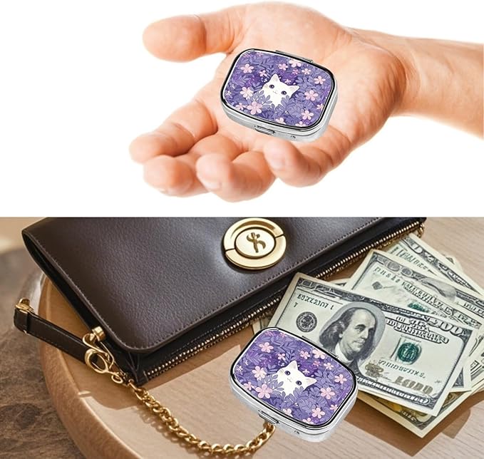 Metal 2 Compartment Square Pill Organizer Sealed Travel Pill Container, Mini Size Pill Box for Pocket Wallets Two Times a Day Compact Pill Case for Children, Men and Woman - White Cat