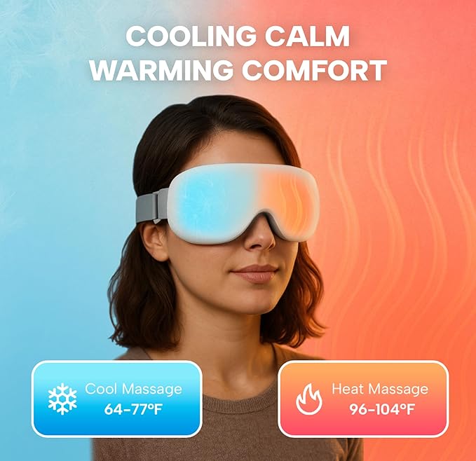 Eye Massager with Heat & Cooling | 12 Precision Massage Nodes | Bluetooth Music | 4 Massage Modes | 2400mAh Battery | Relaxation for Eye Strain, Dry Eyes, Stress & Headaches