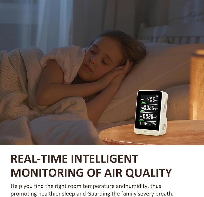 5-in-1 Air Quality Monitor Indoor for CO2/HCHO/TVOC/Temp/Hum, Portable Real-time Detector, LCD Display, Suitable for Baby Room, Living Room, Office, Kitchen, Warehouse