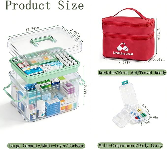 3-Piece Clear Medicine Organizer - Portable Multifunctional Medical Storage Box with Empty Pill Bags, Pill Cases, Removable Tray & Handle, Home & Travel Use