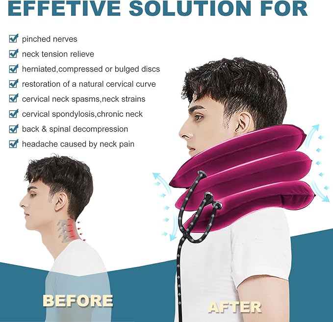 Neck Stretcher, Neck Traction Device, Cervical Traction Device for Neck Pain Relief, Neck Brace Adjustable Inflatable Neck Stretcher, Neck Decompression Devices Home Use (Red)