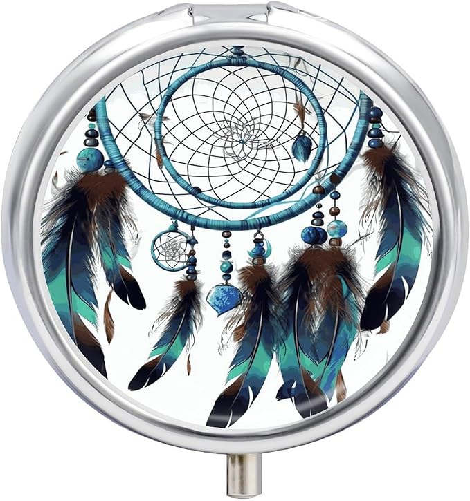 Native American Dream Catcher Pill Box Travel Pill Case for Purse Pocket Weekly Medicine Organizer with Mirror 3 Compartment Round Medicine Case Portable PillcaseHolder for Daily