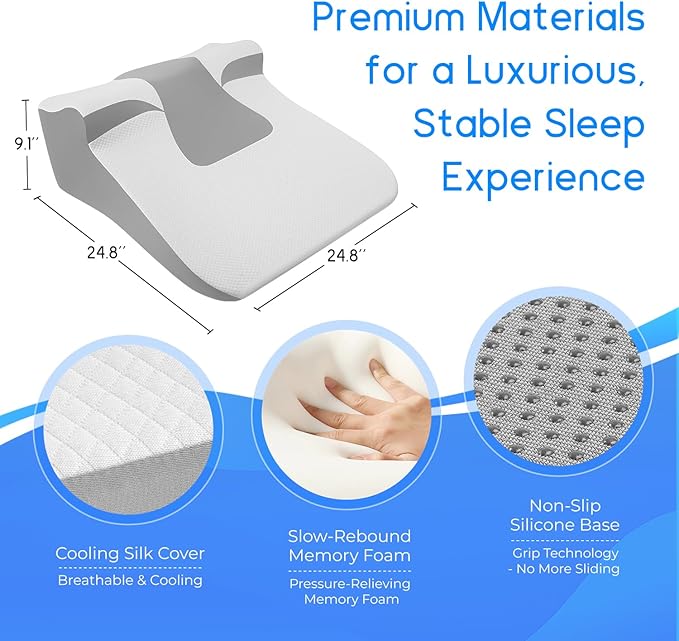 Bed Wedge Pillow for Sleep Apnea, Acid Reflux & Snoring Relief, Post-Surgery Recovery Pillow with Ergonomic 3-in-1 Certified Memory Foam for Back, Neck & Head Support