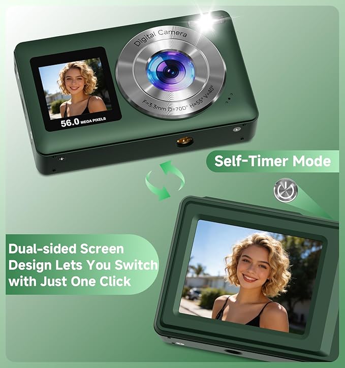 Digital Camera, 56MP Dual Screen Autofocus Vlogging Camera, 16X Zoom Point and Shoot Camera for Photography, Anti-Shake, 32GB Card, Compact Camera for Teens Adults,Green
