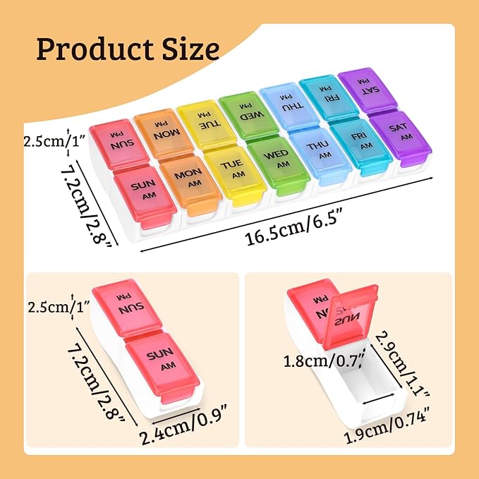 AM PM Weekly Pill Organizer 2 Times A Day, Daily Pill Box Case 7 Day Detachable Medicine Holder with Easy Filling & Retrieving, for Vitamin/Fish Oil/Supplements (Colorful)
