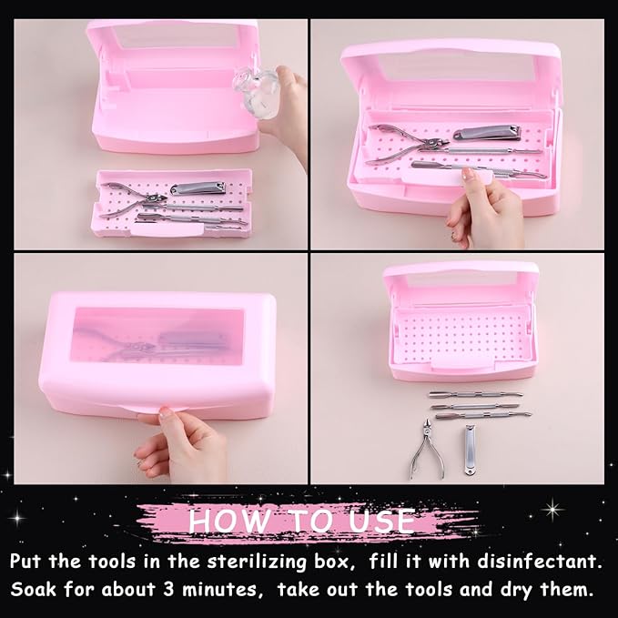 Nail Tool Sterilizer Box Plastic Disinfectant Container for Nail Art Accessories Tools, Sterilizer Soaking Box with Strainer Pedicure Manicure Cleaning Equipment, Pink