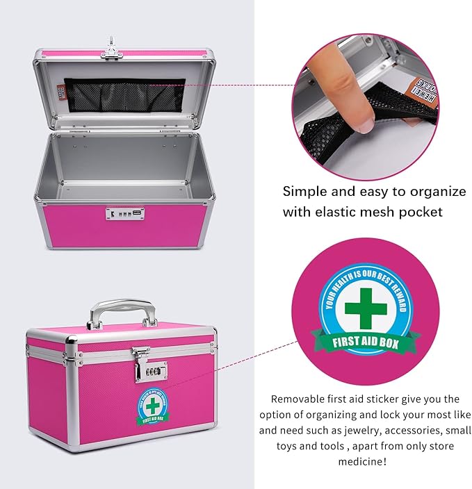 Lockable Medication Box with Portable Storage Case, 12.2''x 7.2''x 7.6'', Childproof Medicine Organizer with Combination Lock, Locking Box for Money, Documents & Meds (Pink/Medium)