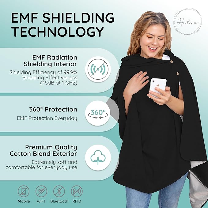 EMF Protection Poncho, Wrap. Wearable Blanket with Hood. Block EMF, RF, WiFi, Bluetooth. 72"x28". Black Color. For Men and Women.