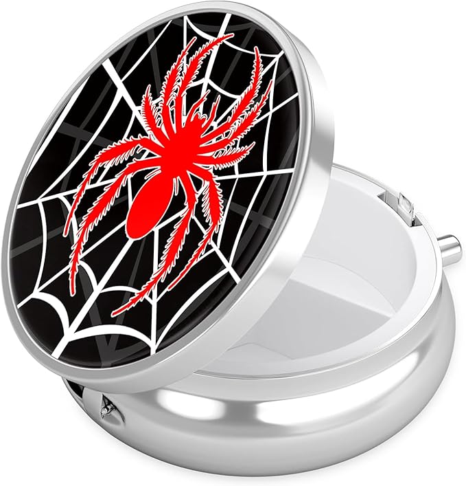 Red Spider Pill Case, Pill Box 3 Compartments Metal Small Pill Holder with Mirror Mini Travel Pill Container for Purse Pocket Women Men