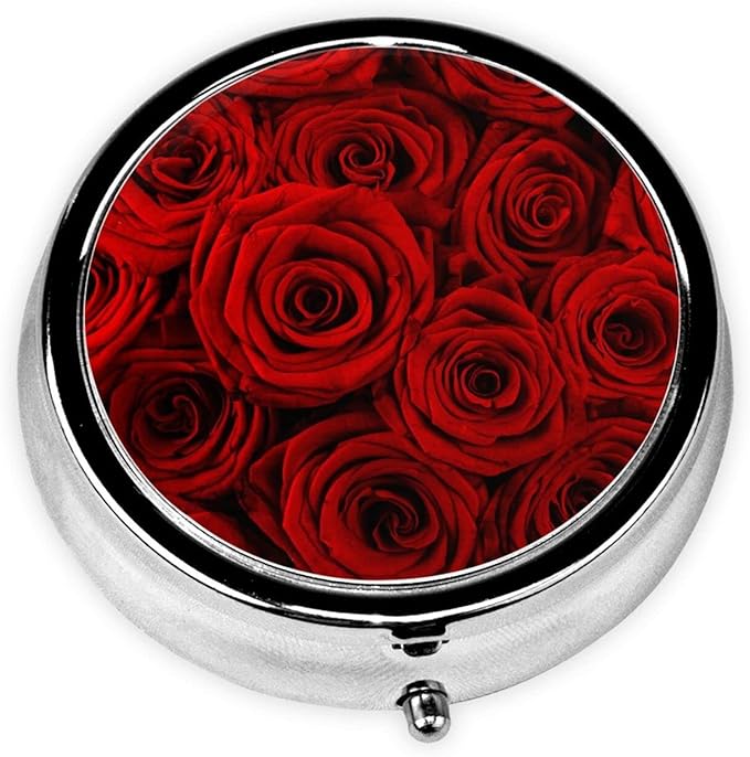 Travel Pill Organizer,Red Rose Pill Box,Metal Pill Holder Container,Portable Cute Pill Case,Small Medicine Holder Organizer,Vitamin Holder with 3 Compartments,for Pocket Purse