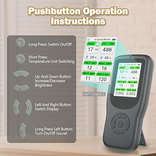 11-in-1 Air Quality Monitor - Portable Indoor Air Quality Detector with Stand, Real-Time Test for AQI, CO2, PM2.5, PM1.0, PM10, TVOC, HCHO, Particles, Temperature & Humidity with Aler (Black-White)