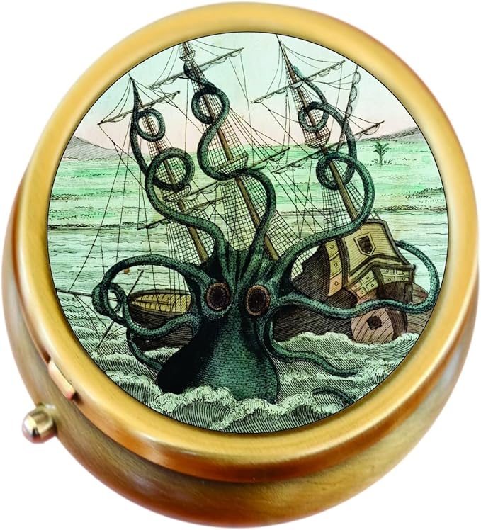 Kraken Octopus Ship Brass Pill Box