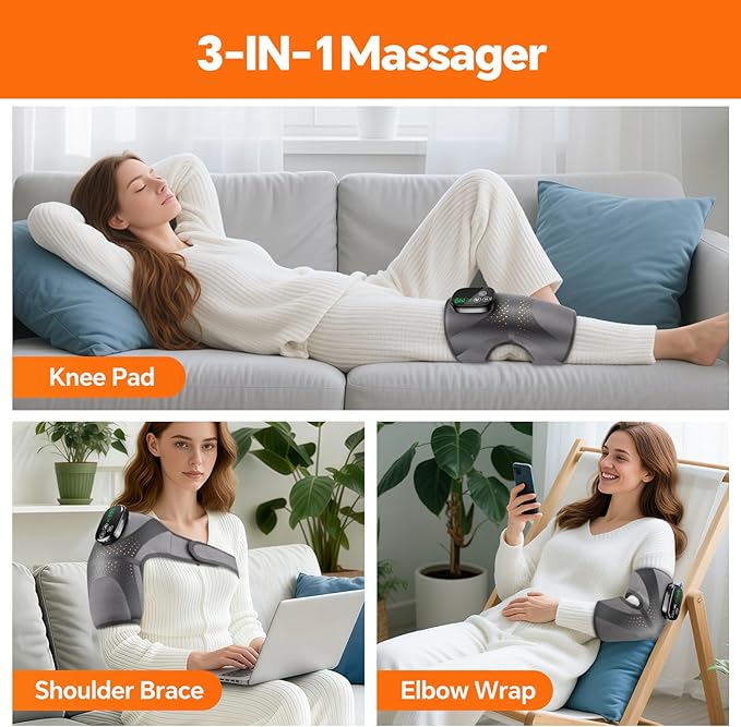 BAISEMAIN Knee Massager with Heat, Heating Pad for Knee Shoulder Elbow Pain Relief, Cordless Heated Knee Brace for Arthritis with Massage, Gray