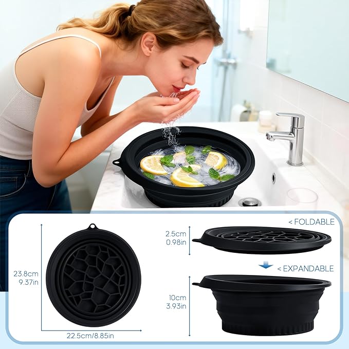 Portable Facial Ice Bath Bowl - Foldable Silicone Bowl with Built-In Ice Tray for Skincare, Suitable for Skin Facial Icebath at Home (Black)