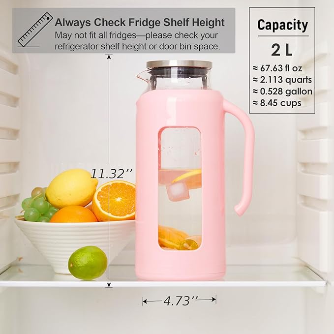 Delove Glass Pitcher with Lid & Shatterproof Shell – Heat-Resistant Borosilicate Glass Jug, 2 L/68 oz with Handle & Spout – Perfect for Iced Tea, Juice, Hot & Cold Waterr (Pink)