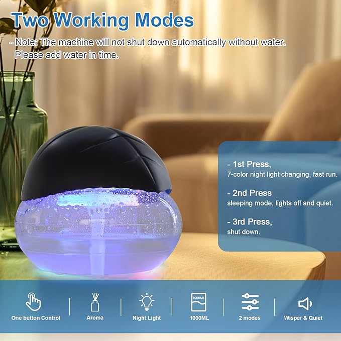 Water Based Air Purifier with Essential Oil Diffuser Pack, Air Washer with 7 Color LED Night Light, Air Revitalizer Includes 6x10ml Essential Oil Aroma Diffuser for Home, Office, Pet