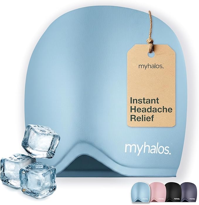 MyHalos® Migraine Relief Cap – 30% Thicker Ice Hat 2X Cooling Gel, Headache & Sinus Ice Pack Wrap, Cold Therapy for Migraine, Tension, Hangover, Facial Pain, Strap-Free, Odor-Free Storage Included