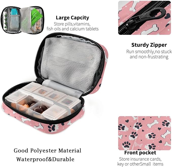 Fustylead Black Dog Paw Prints and Hearts Bones Pill Organizer and Storage Weekly with Zipper, Removable Pill Box Portable Medicine Organizer for Vitamin Fish Oil Supplement