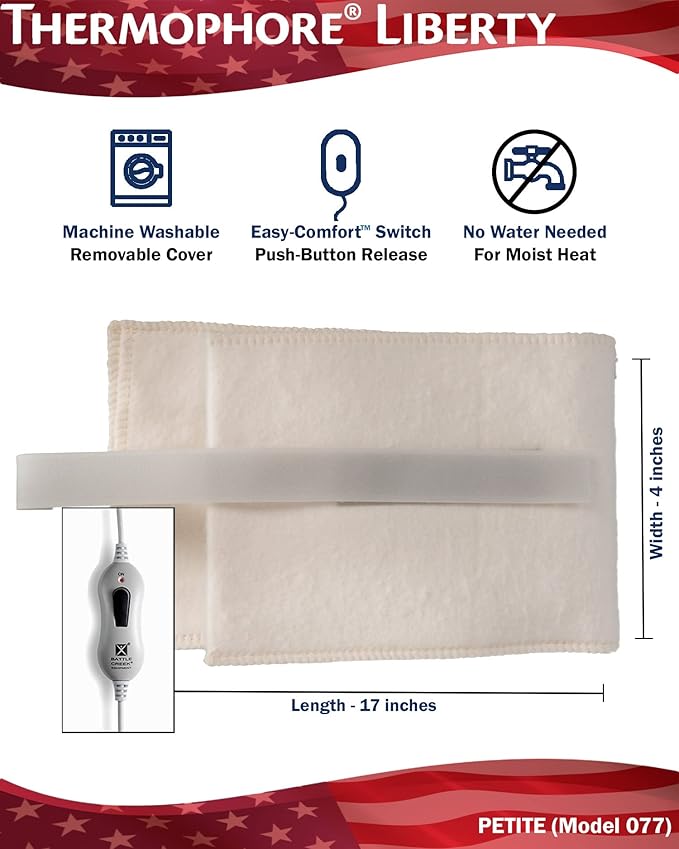 Assembled in The USA - Thermophore Liberty - Moist Heating pad for jaw Neck and Sinus Pain Relief - Electric with auto Shut Off and Specialty Cover Petite Size 4" x 17"