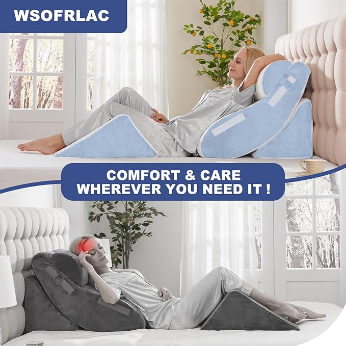 4PCS Wedge Pillow Set for Sleeping – Orthopedic Bed Pillow for Post Surgery, Adjustable Memory Foam Support for Sitting Up in Bed, Back Pain, GERD, Snoring Relief, White Blue