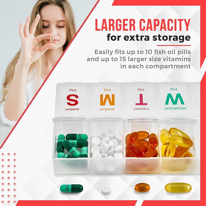 Large Weekly Pill Organizer - 2 Pack AM PM Pill Box - XL 7 Day Pill Organizer for Medication, Pills, Supplements with Braille, Bright, Easy to Read