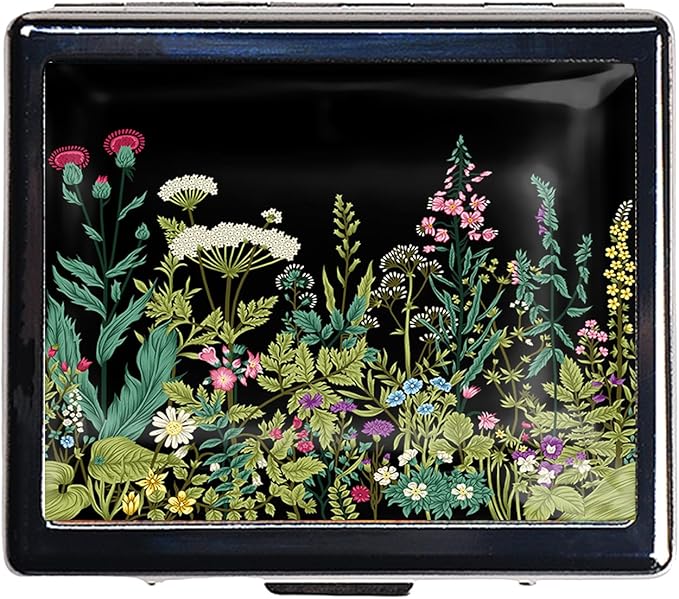 7 Days Chromed Shiny Silver Pill Organizer with Mirror Inside Has 8 Separate Compartments Rectangle 7 Days Pill Box Pill Case (Herbs and Wild Flowers)