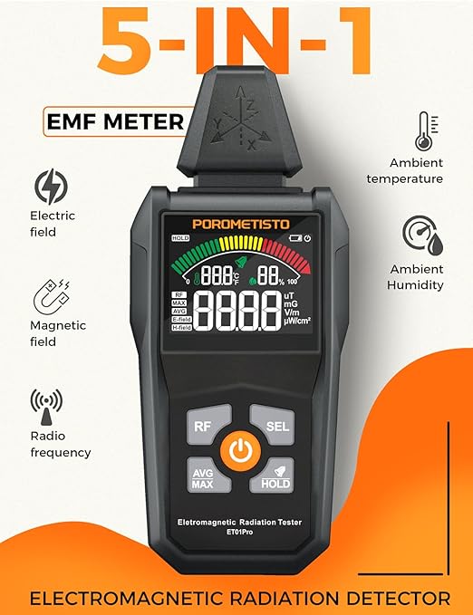EMF Meter Radiation Detector, ET01Pro EMF Detector, 5-in-1 Electromagnetic Field & Radio Frequency Detector for Home Use & Office EMF Inspections,Ghost Hunting Equipment