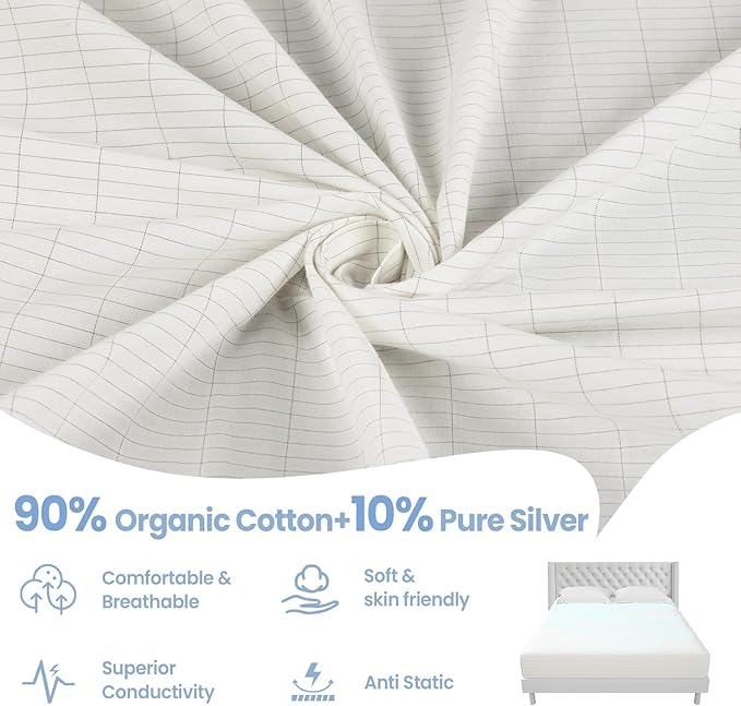 Grounding Sheets White Queen Size - 90% Organic Cotton + 10% Pure Silver Fitted Bed Sheet for Earthing - 400 Thread Count Deep Pocket Ground Sheets - Improved Sleep Down to Earth Ground Bedding