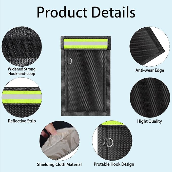 2 Pack Faraday Bags for Phones & Car Keys, Cell Phone Signal Blocking Pouch, Anti-Tracking Anti-Theft EMP Bag, Fireproof & Waterproof Faraday Key Fob Protector with Reflective Strip