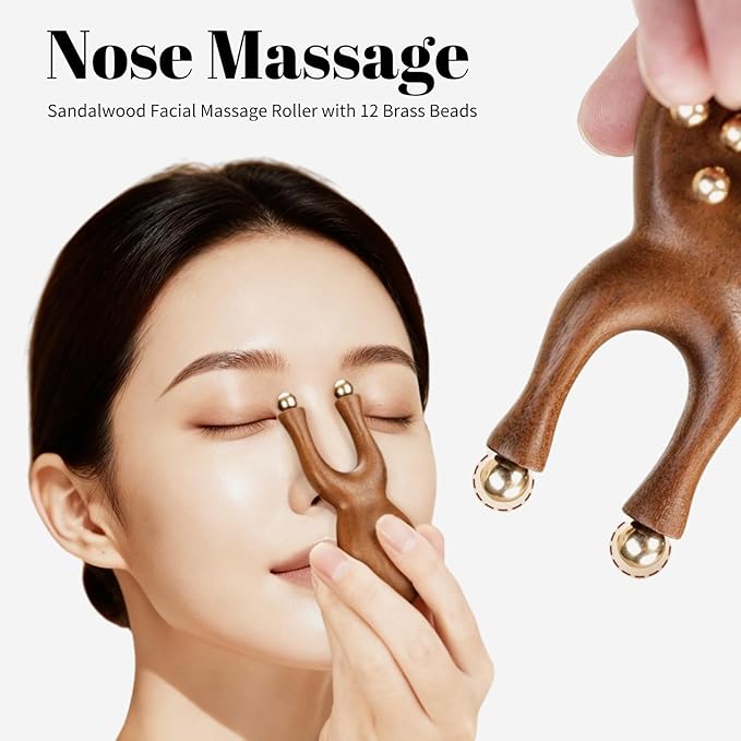 Sandalwood Facial Massage Roller with 12 Brass Beads, Wooden Y-Shaped Guasha Tool for Face, Eye, Nose, Ear Meridian Acupoint Massage