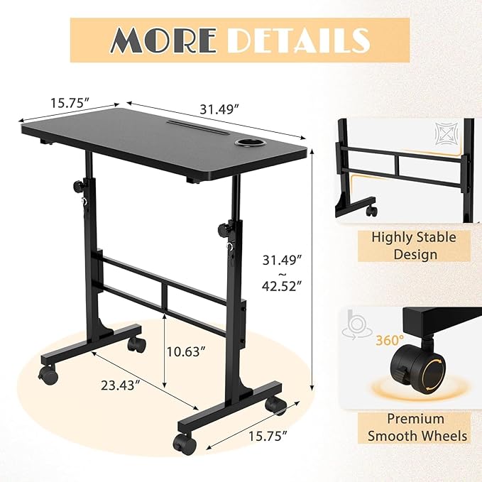 Furmax Small Portable Standing Desk Adjustable Height, Mobile Stand Laptop Computer Workstation with Lockable Wheels for Walking Pad Treadmill (Black)
