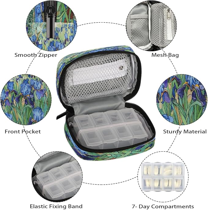 Plant Flower Beauty Pill Case Travel Pill Organizer Weekly 7 Day Portable with Zipper Medicine Box Pill Case for Vitamins, Birth Control,Fish Oils,Medication, Supplements