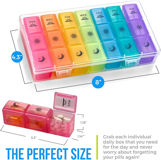 Weekly Pill Organizer Case – 3-Times-a-Day Pill Box - Large Plastic Dispenser with 7-Daily Morning Noon & Night Compartments for Pills, Supplements, Fish Oils and Vitamins