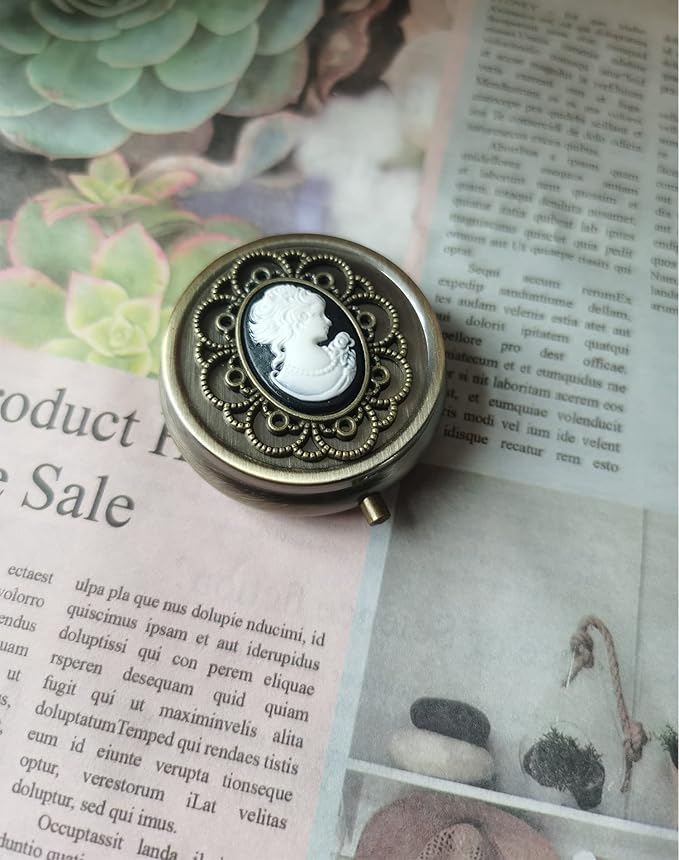 Bronze Pill Organizer, Portable Medicine Box for Pocket or Purse, Decorative Metal Vitamin Holder, Classical Small Pill Container, Unique Creative Gift for Women