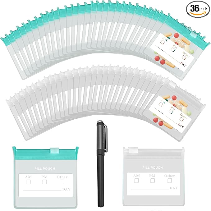 36 Packs Color Pill Pouch Bags 12mil 3 x 2.75 Inch bpa-Free, Frosted Clear EVA Materials, Heavy-Duty Thick Plastic Bags for Travel Medicine Organizer, Jewelry, Small Craft Pieces-Clear+Green