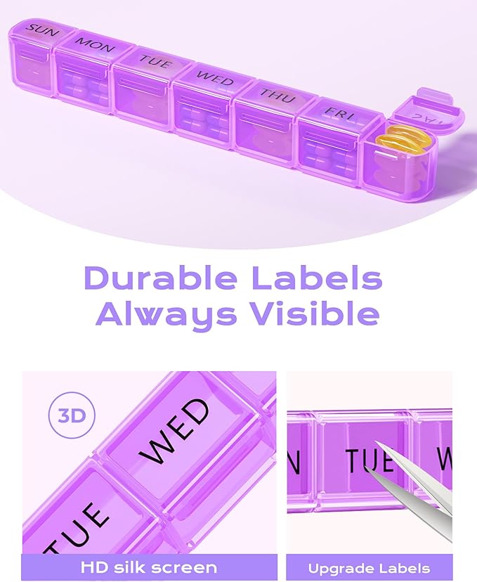 Daviky Weekly Pill Organizer, Large 7 Day Pill Box, Travel Pill Case, Daily Pill Dispenser for Vitamins, Medicines, Supplements, and Fish Oil(Purple)