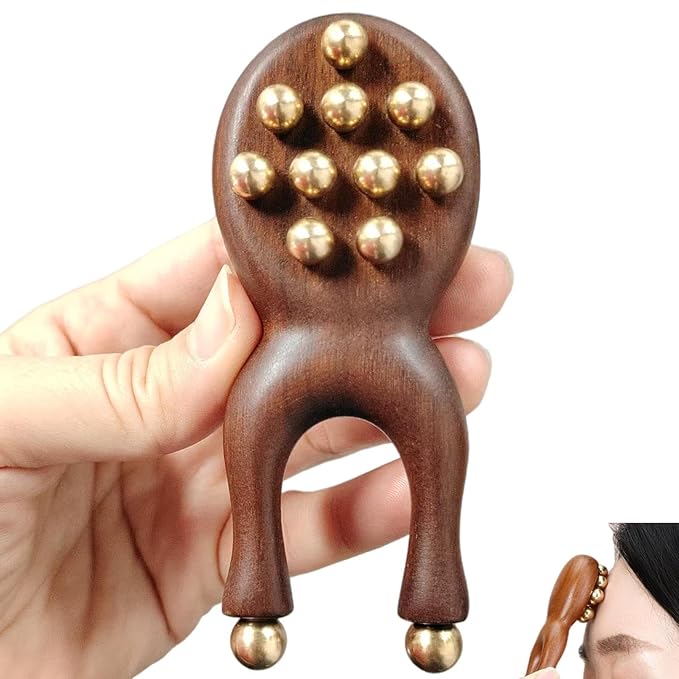 Sandalwood Facial Massage Roller with 12 Brass Beads, Wooden Y-Shaped Guasha Tool for Face, Eye, Nose, Ear Meridian Acupoint Massage