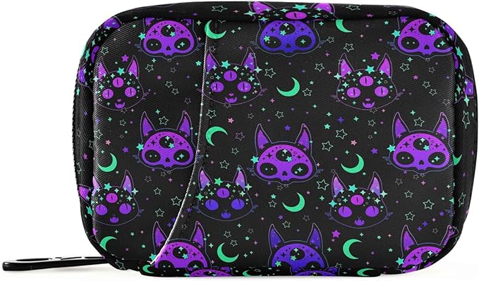 Travel Pill Organizer Bag Weekly Pill Organizer Case Goth Skull Cat Moon Portable Small Daily Pill Boxes for Vitamin Fish Oils Supplement Holder with Zipper Compact Size