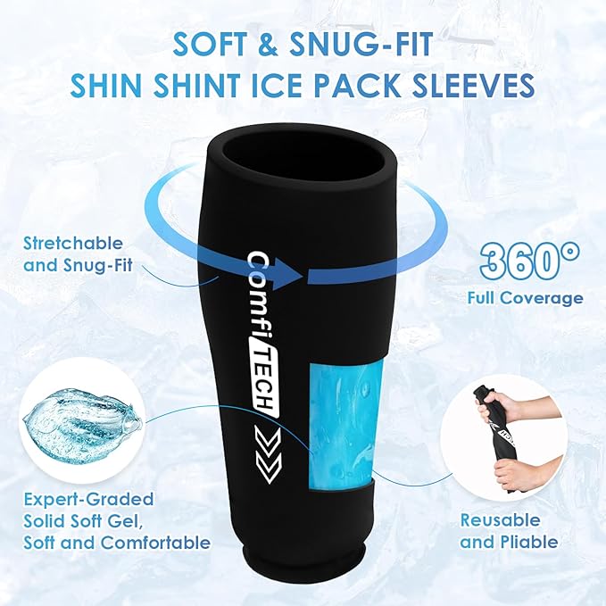 ComfiTECH Shin Splint Ice Pack Wrap 2 Pack, Reusable Leg Ice Pack Sleeve for Knee & Calf, Flexible Gel Cold Pack for Ankle & Arm, Hands-Free Design for Comfort and Support, Medium