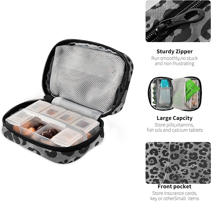 Pill Box Leopard Print 7 Day Pill Case Travel Pill Organizer Bag with Zipper Portable Weekly Vitamin Medicine Supplement Holder Pouch Bag