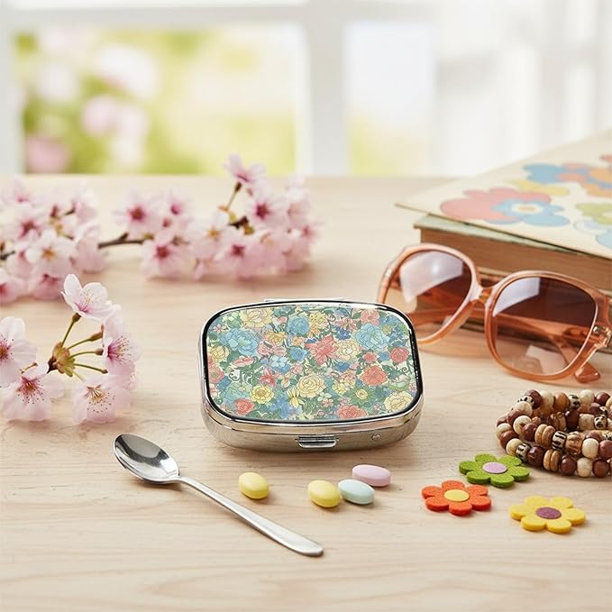 Square Pill Case Small Pill Box with Mirror Pocket 2 Compartment Vitamin Pill Medicine Case Organizer Pill Containers for Traveling Blooming Flower One