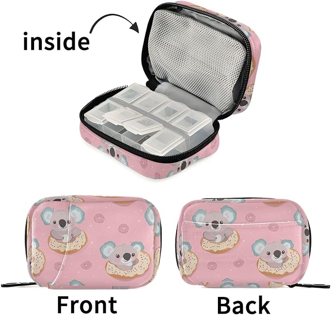 Fustylead Cute Koala Bear and Sweet Donuts Travel Pill Case Bag with Zipper Weekly Pill Box 8 Compartments 7 Day Personal Pill Case Purse Medicine Case Organizer