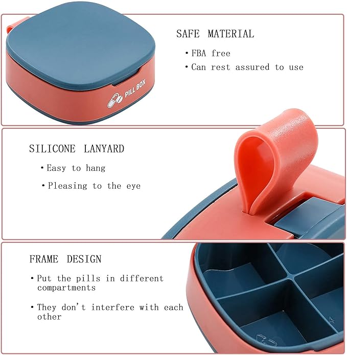 Pill Box 4 Compartment Pill Container for Purse, Portable Medicine Organizer Daily Vitamin Organizer Small Pill Case Cute Pill Organizer Travel Pill Holder Vitamin Organizer (Blue, 1PCS)