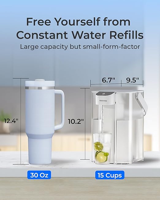 Waterdrop 98% Chloramine Reduction Electric Water Filter Pitcher, Rechargeable Water Dispenser, Instant 200-Gallon 15-Cup Countertop Purifier, NSF/ANSI 42, Reduce PFOA/PFOS, Lead, White, with 1 Filter