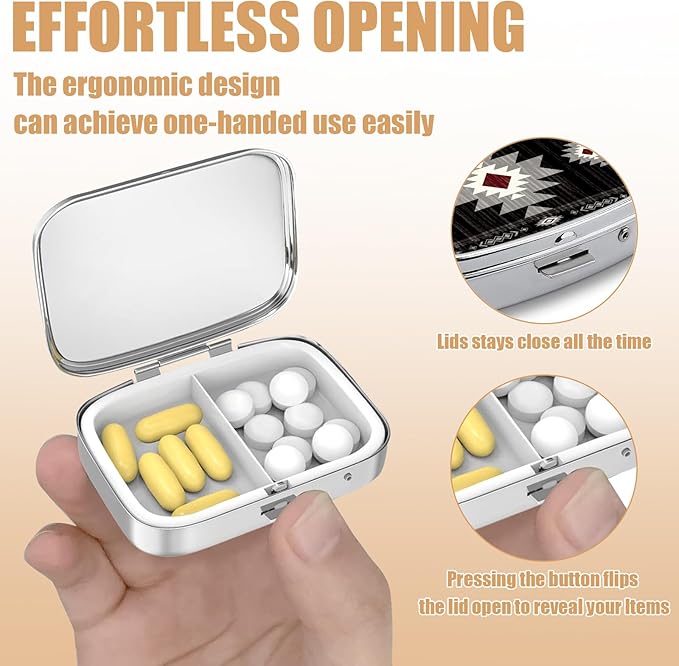 Pill Box-2 Compartment Small Pill Case Square Organizer Case with Mirror Portable Metal Medicine Box Travel Container for Pocket & Purse Women Men(Black Southwestern)