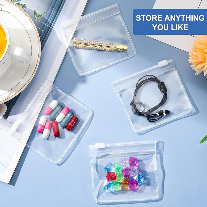 Meanplan 50 Pcs Pill Pouches Reusable Clear Zippered Pill Bag, Transparent PVC Toiletry Carry Pouch, 180 Pcs Waterproof Labels Stickers Travel Organizer Storage with Slide Lock for Small Items