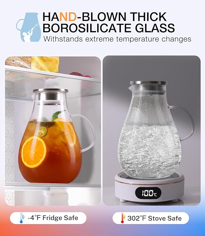 Glass Pitcher, 86oz Glass Water Pitcher with Lid and Handle, Large Borosilicate Hot/Cold Water Jug for Iced Tea, Sangria and Juice Beverage